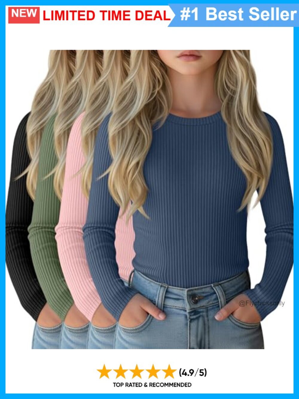 4 Pack Girls Long Sleeve Cotton Ribbed Tops Crew Neck Slim Fit Shirts